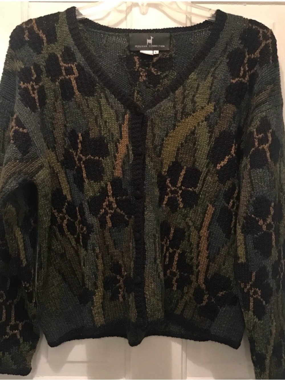 Peruvian Connection Alpa Olive & Moss Green Alpaca button front Cardigan, size L